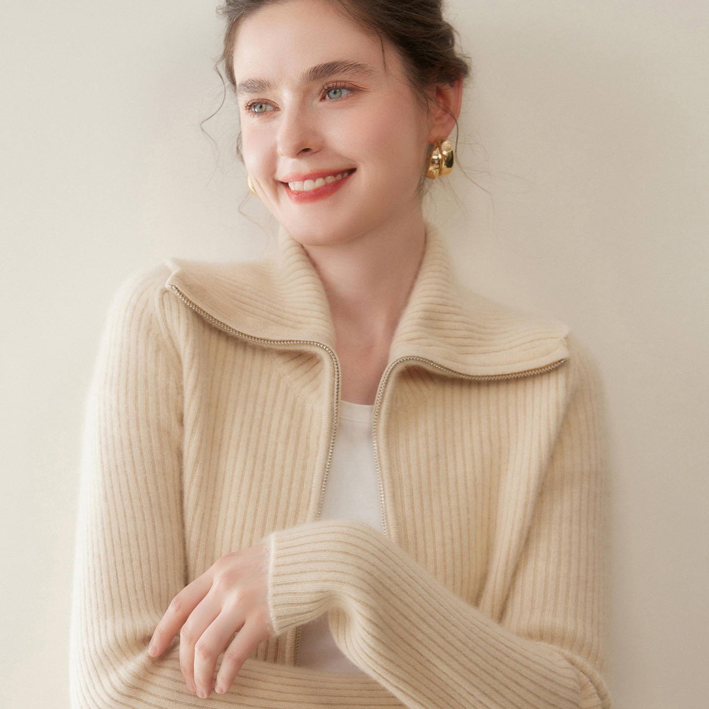 秋冬季山羊绒衫女士翻领元宝针拉链针织开衫宽松时尚简约百搭外套