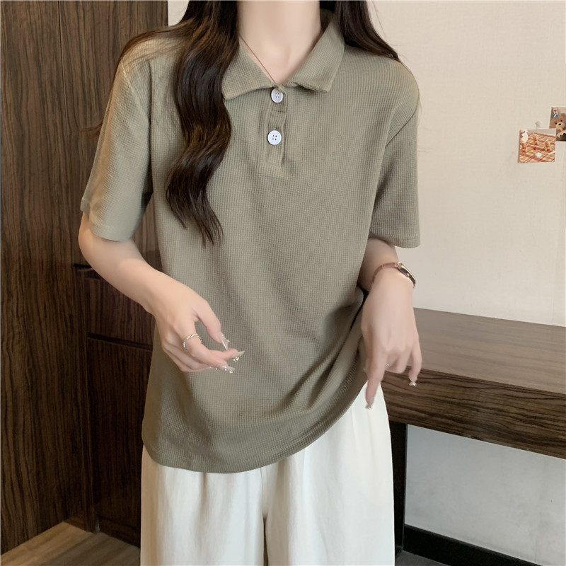 Right-Shoulder Polo Shirt Short-Sleeve T-Shirt Women's Summer 2025 New Design Waffle Texture with a Collar Base Shirt