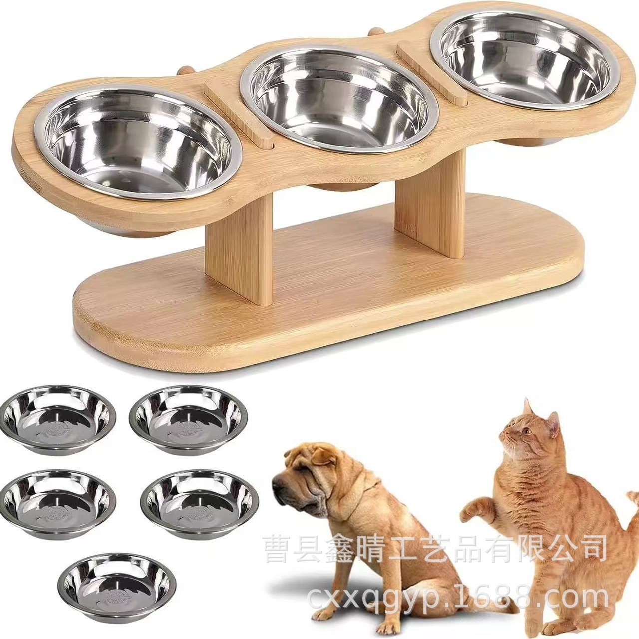 Household Bamboo Multi-Row Cat Bowl Rack Creative Simple Solid Wood Pet Feeding Rack Indoor Wooden Dog Food Feeder