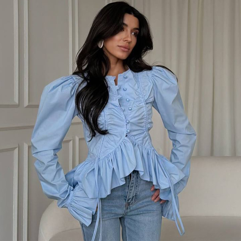 European and American Cross-Border Women's Clothing 2026 Spring New Fashion Design Pleated Bell Sleeves Irregular Ruffle Shirt European and American Cross-Border Women's Clothing 2026 Spring New Fashion Design Pleated Bell Sleeves Irregular Ruffle Shirt