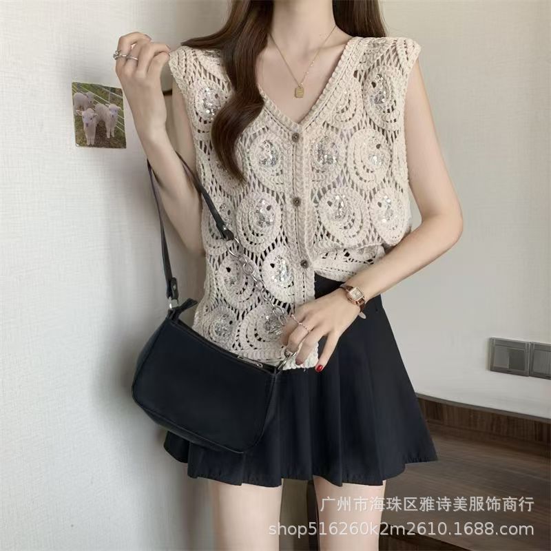 Top femenino primavera, chaleco con lentejuelas y cadenas huecas, cuello en V, estilo dulce y picante, diseño suelto