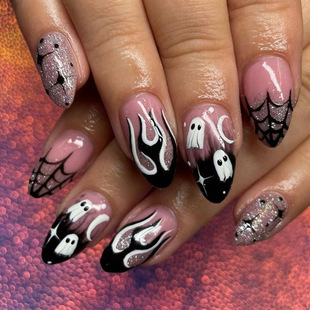 Halloween Almond Armor Glitter Spider Web Ghost Flame Sacred Elements Fake Nails Finished Dressing Armor Holiday Nail Art
