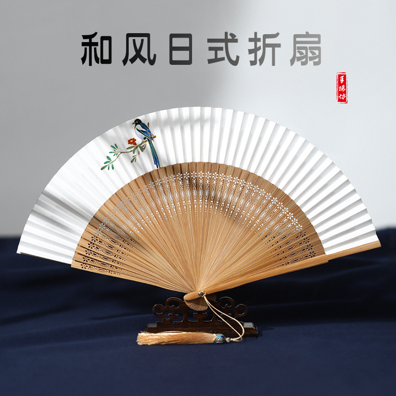 Fan folding fan lacquer fan special bleaching paint Japanese style woman fan ancient style Chinese style painting classical 6 inch small fan folding fan 
