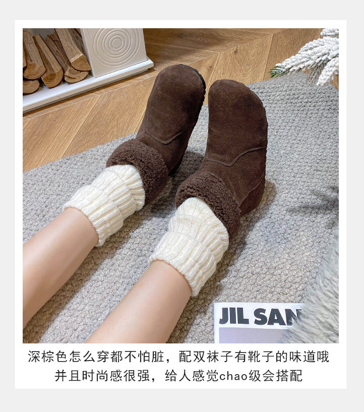 Bốt ngắn nữ da bò lót lông cừu, cổ có thể lật, gót 4 cm — Màu caramel, Màu mơ, Màu nâu đậm chi tiết 15