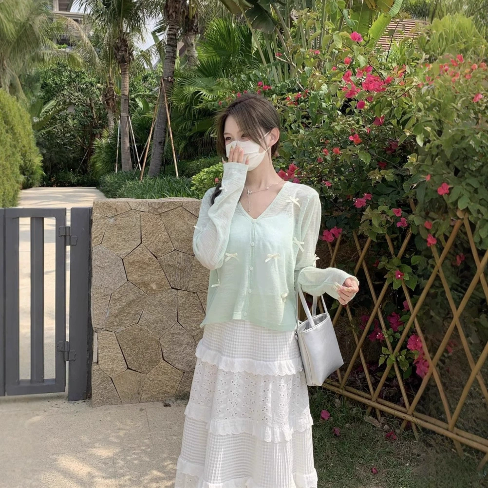 Трехмерный бантик мятно-зеленого цвета из ледяного шелка, солнцезащитный крем, вязаный кардиган, женская летняя рубашка с кондиционером, верхняя блузка, топ