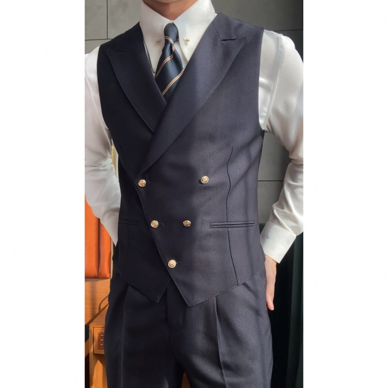 新款男士意式金属扣单排戗驳领藏青色布雷泽单排三件套西服套装|undefined