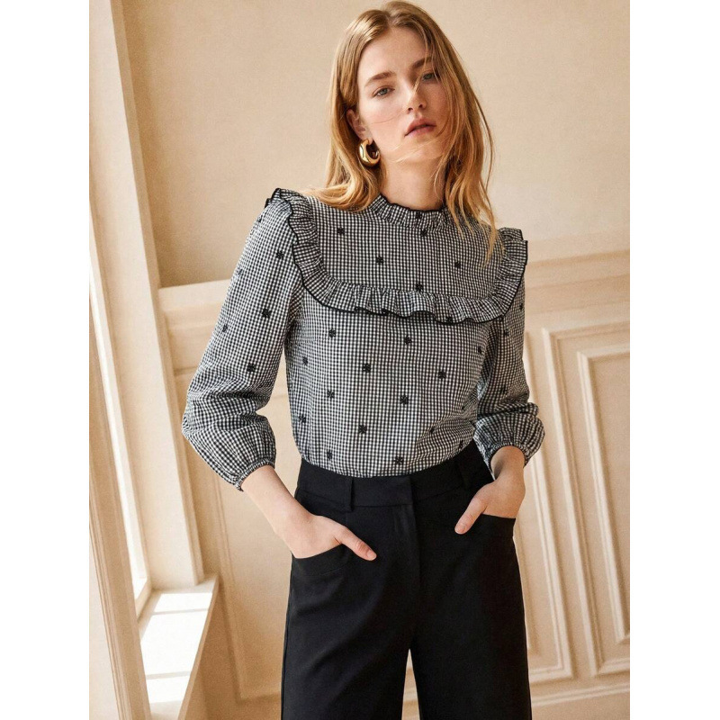 Amazon cross-border European-style French retro plaid ruffled embroidered puff long-sleeve stand-collar shirt for women Amazon cross-border European-style French retro plaid ruffled embroidered puff long-sleeve stand-collar shirt for women