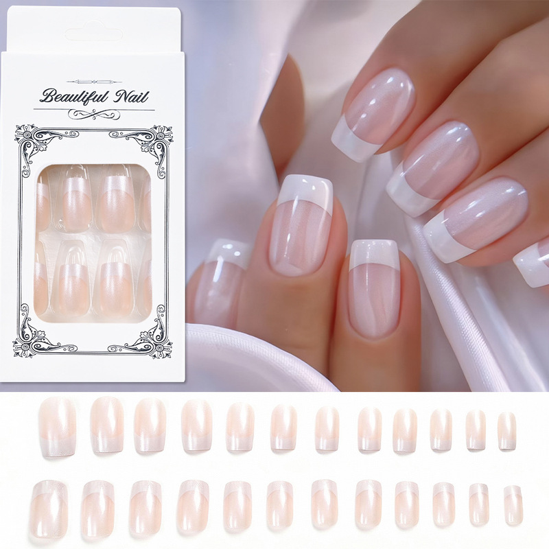 Cross-Border Wearable Nails, 24 Pieces in a Box, Solid Color, Cute Short Square Silver-White Cat Eye, Detachable Fake Nails, Manicure Nail Pieces Cross-Border Wearable Nails, 24 Pieces in a Box, Solid Color, Cute Short Square Silver-White Cat Eye, Detachable Fake Nails, Manicure Nail Pieces
