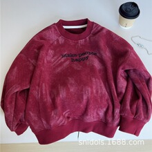 25秋冬新款男童加绒卫衣韩版潮款暗红色满印刺绣儿童加厚圆领卫衣