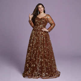 欧美大码连衣裙2026速卖通新款修身鸡尾酒会舞会V领长袖成人礼服