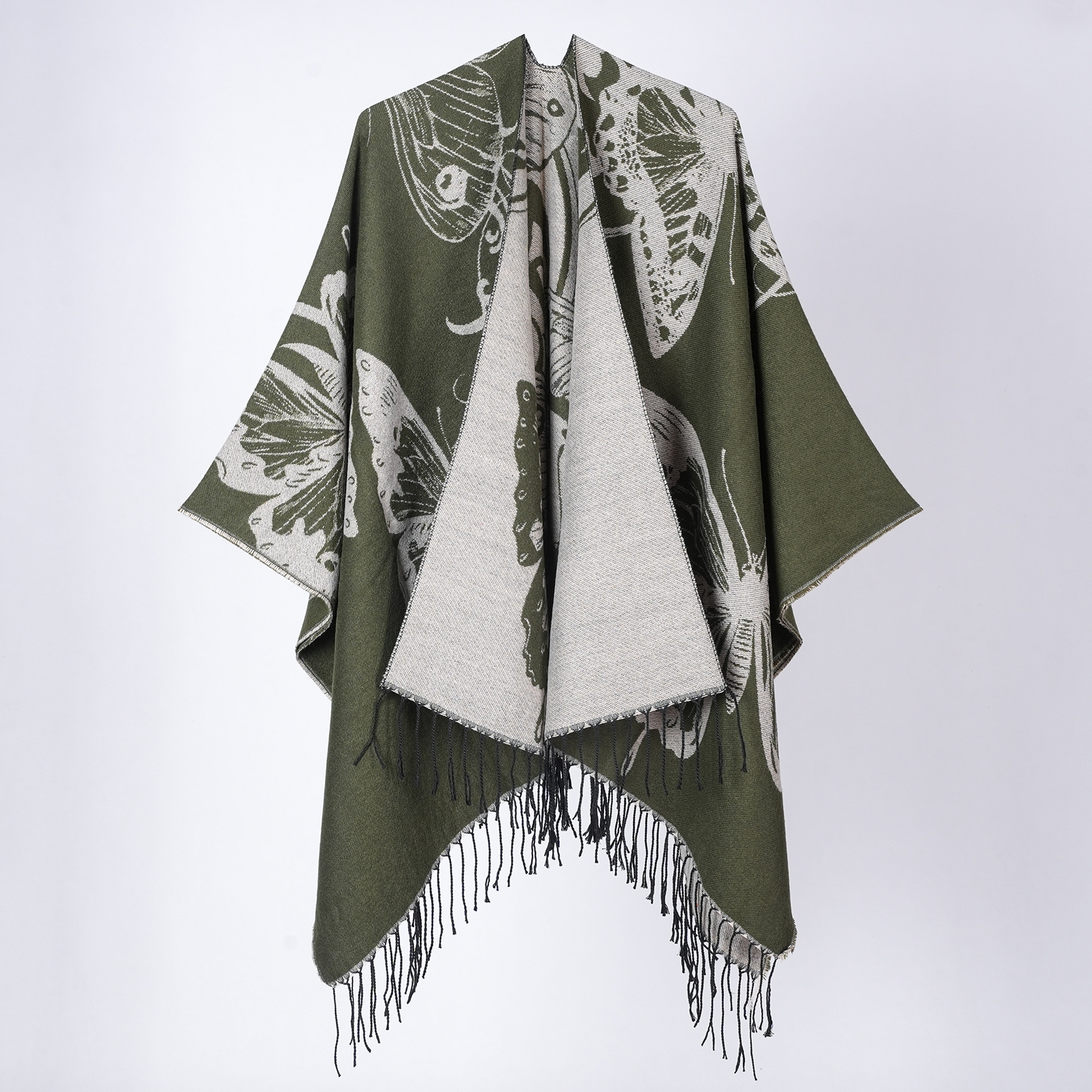 Bufanda chal grande con estampado de mariposa y flecos invierno_voghion.com
