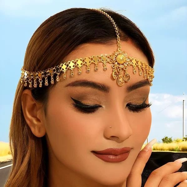 Exotic Egyptian Headwear Golden Alloy Rhinestone Daisy Sunflower Water Drop Crystal Tassel Head Chain Female