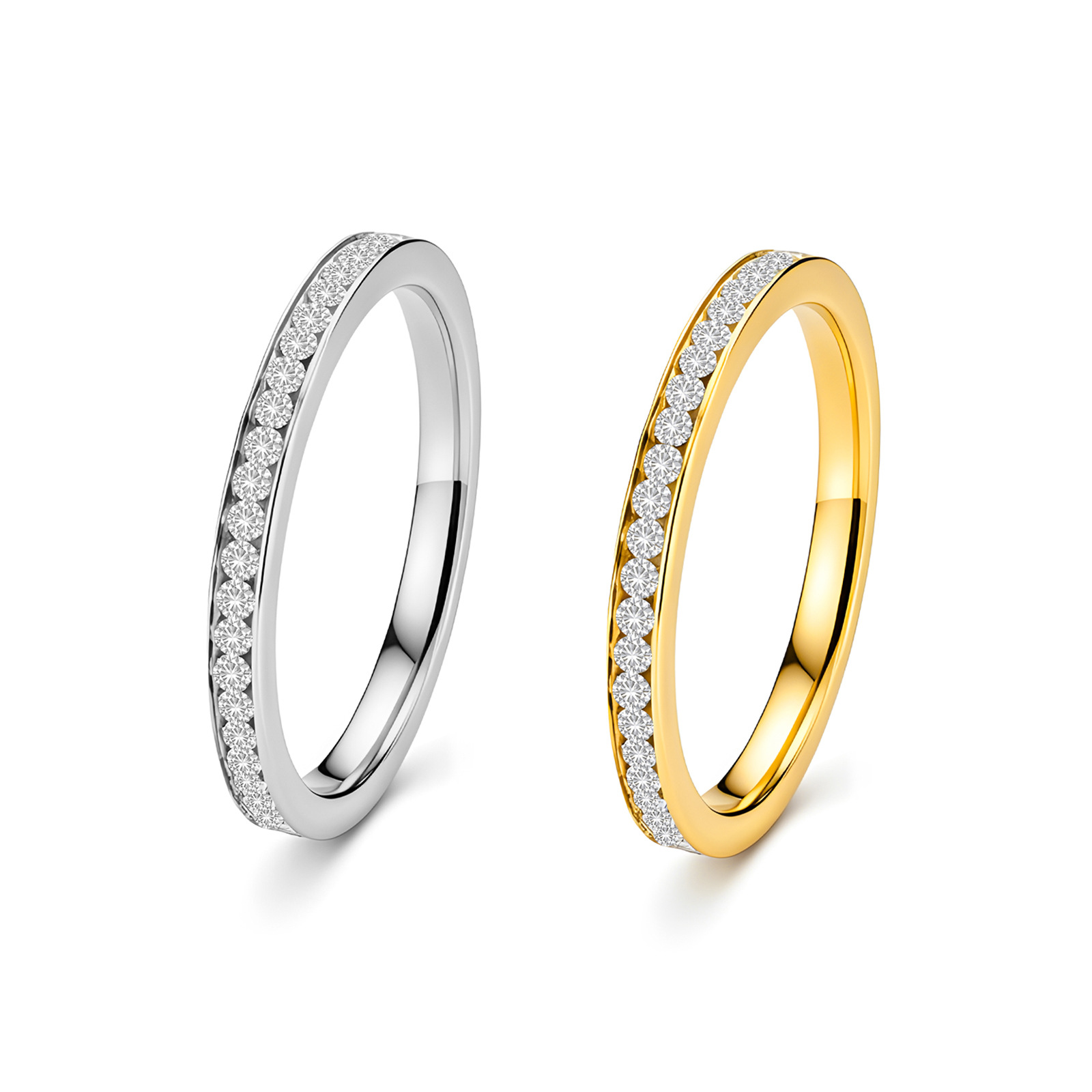 Amazon's Popular Stainless Steel Ring, Gold and Silver 2mm Thin Band Diamond-Studded Ring, Cross-Border Couple's Ring, Jewelry Decoration
