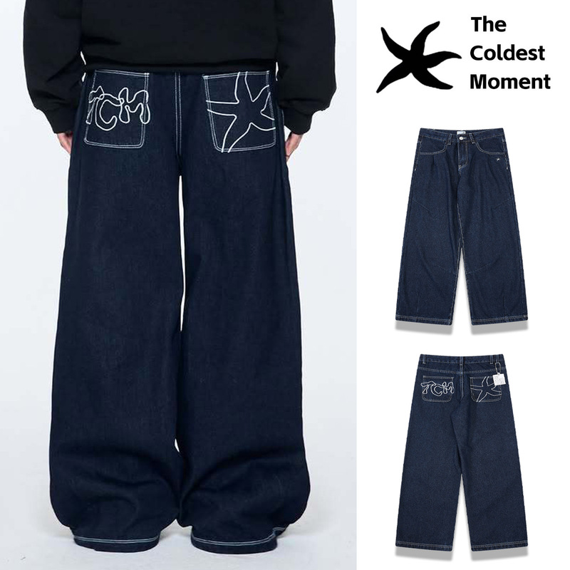 Korean Niche Design Starfish Embroidery Craft Washed Straight-Leg Jeans, Same Style as Instagram Bloggers, Casual Loose-Fitting Denim Pants