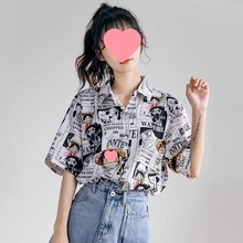 衬衫女设计感小众短袖新款2024年夏季薄款韩版宽松卡通印花上衣潮