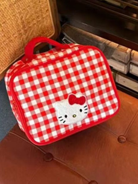 新しいオリジナル自家製キティチェック柄化粧品バッグかわいいポータブルトイレタリートラベルメイクブラシポータブルストレージ|undefined