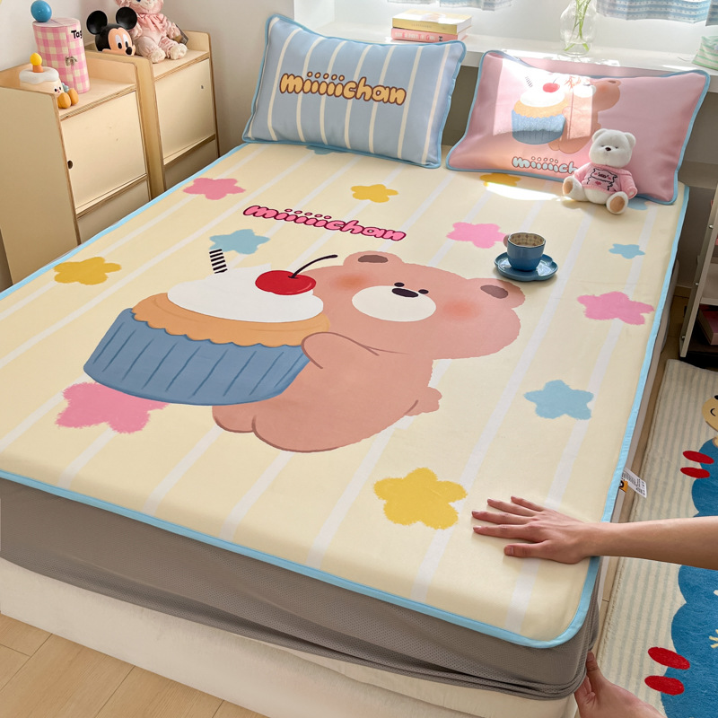 Sombrilla de cama de seda de hielo de verano, cubierta protectora de colchón para niños todo incluido, dormitorio, cubierta de cama individual, juego de tres piezas