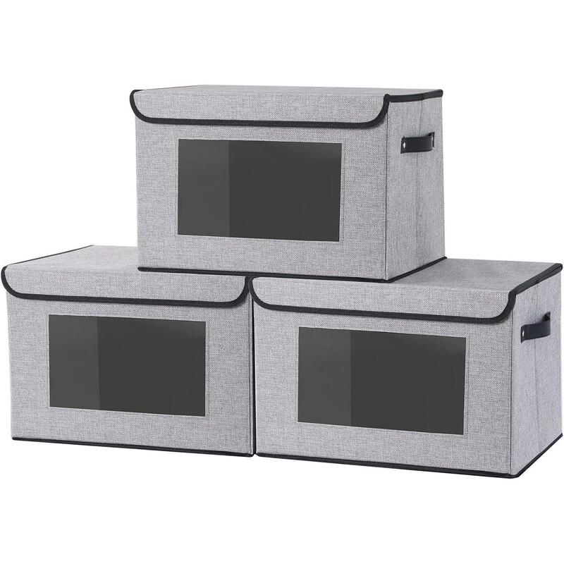 Knitted Fabric Storage Box, Clothing Storage Box with Lid, Shelf Storage Basket with Handle, Decorative Linen Wardrobe Storage Box
