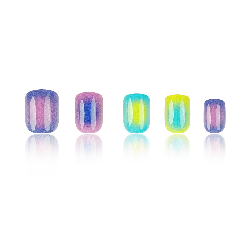 Comercio exterior fluorescente color gradiente desgaste de uñas europeas y estadounidenses violeta verde brillante cara uña falsa 24 piezas de uñas manicuras al por mayor image 5
