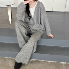 2025秋冬新款韩版假两件针织套装女宽松慵懒风毛衣＋阔腿裤两件套