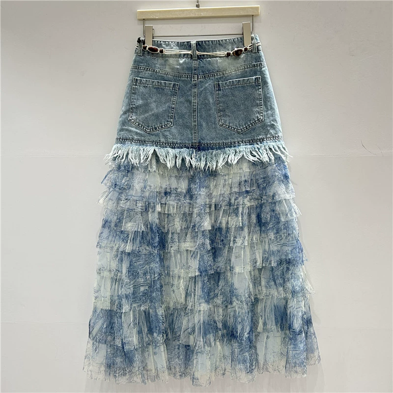 Denim skirt, mesh skirt, high-end, tutu skirt