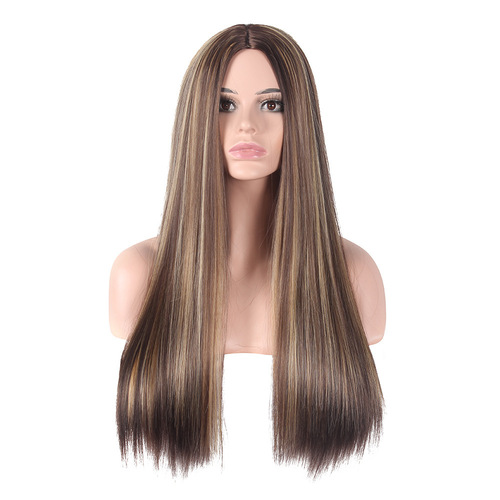 New European and American cross-border wig for women brown-gold gradient long straight hair rose mesh wig set one-piece drop shipping