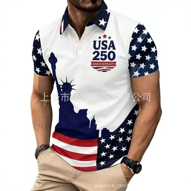 2026 United States 250Th Anniversary Men's 3D Printed Polo Shirt with Flag Short Sleeve Cross-Border New Trend Casual Wear