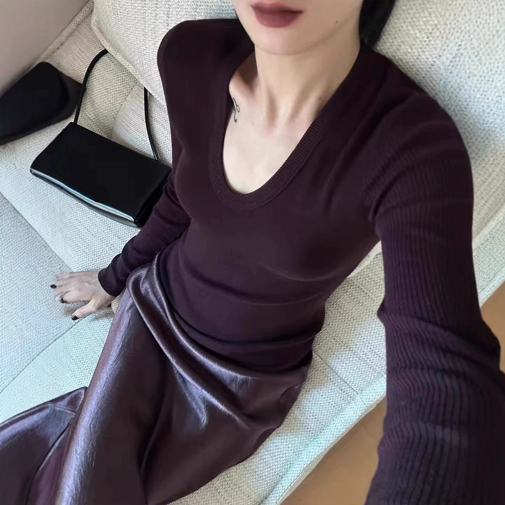 Французская внутренняя шерстяная вязаная нижняя рубашка с U-образным вырезом