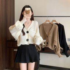 2025秋冬新款休闲宽松V领针织开衫女长袖蝴蝶结系绳短款毛衣上衣