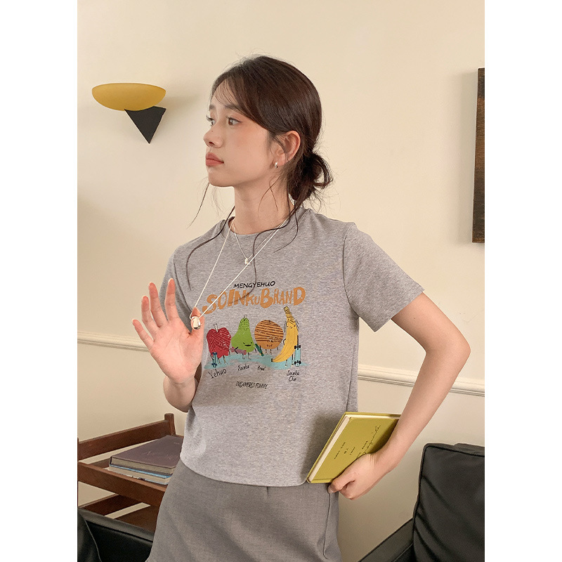 Yir Shirt Fruit Party Right Shoulder Short Round Neck T-Shirt Women's Summer Short Sleeve Korean Casual Easiest for Match Top 0427
