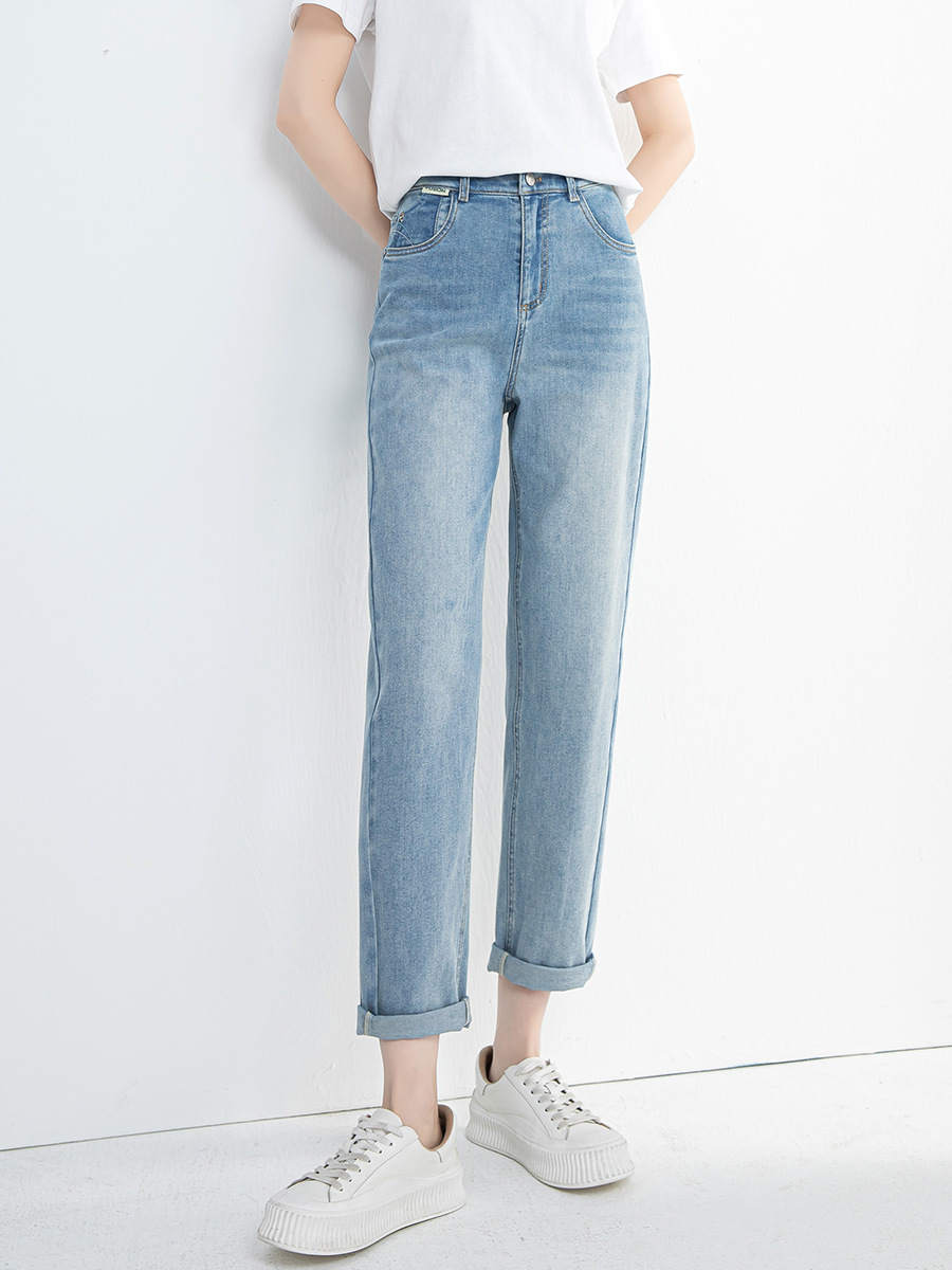 Quần jean nữ cạp cao ống rộng mỏng mùa hè, tôn dáng, viền gấu thời trang — Xanh denim