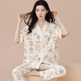纯棉睡衣女夏天短袖长裤和服开衫夏季薄款卡通甜美女士家居服套装