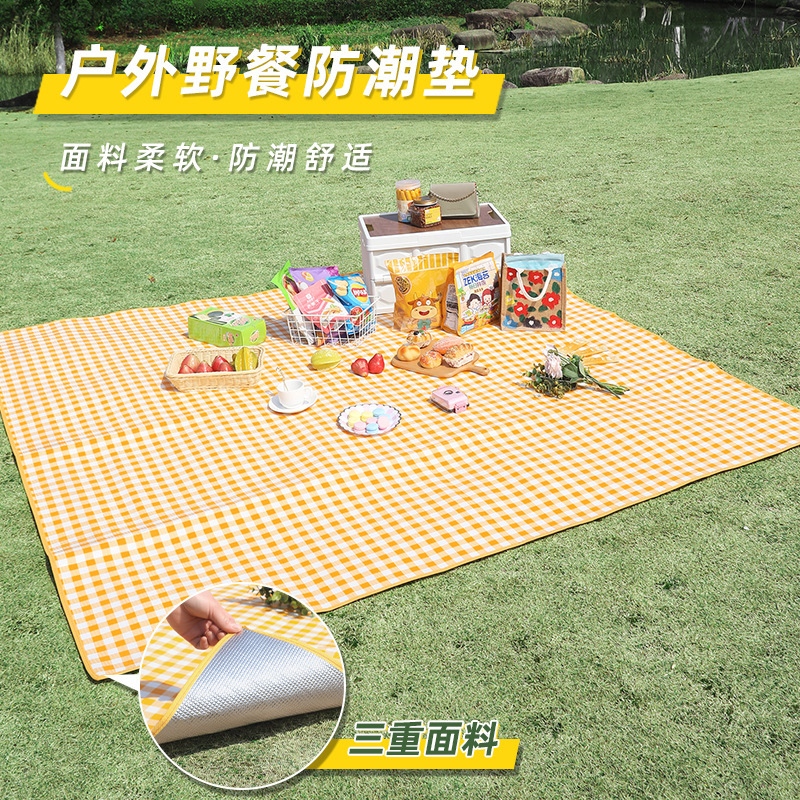 Outdoor Picnic Mat Internet Celebrity Yellow Plaid Thickeneded Moisture-Proof Mat Effective Foldable Camping Style Mat Tent Mat Spring Outing Mat