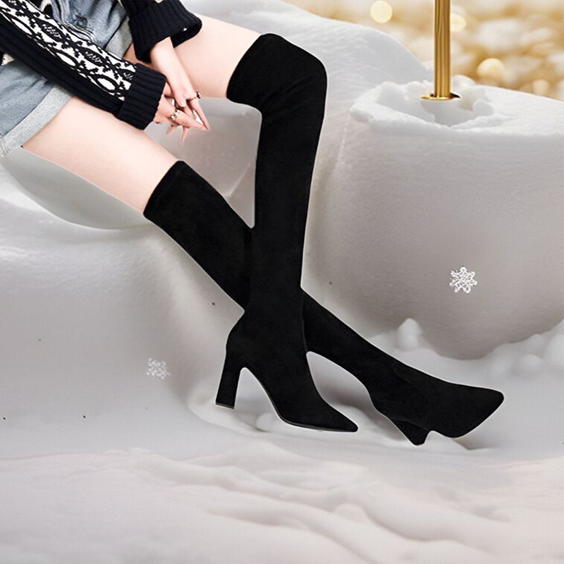 Bottes à talons hauts au-dessus du genou Bottes en daim à élastiques épais et bottes en polaire à bout pointu et élastiques_voghion.com