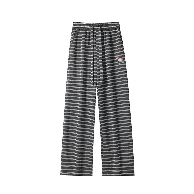 Autumn Striped Dachshund Dog Embroidered Patchwork American Retro Casual Pants For Men Teenagers, With A Relaxed Drape_voghion.com