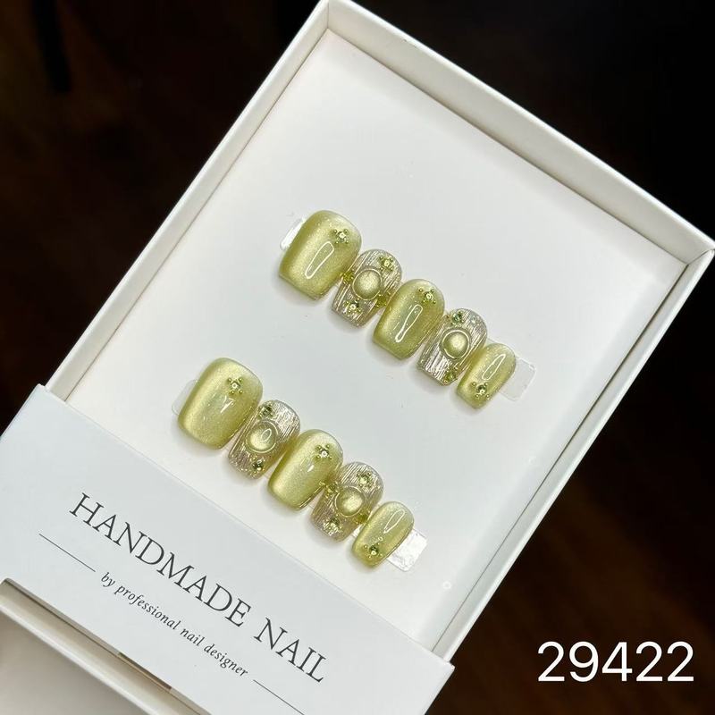 【純手作りのつけ爪29-32】ロングフレンチキャットアイパッチ付け爪、取り外し可能なネイルアートコレクション|undefined