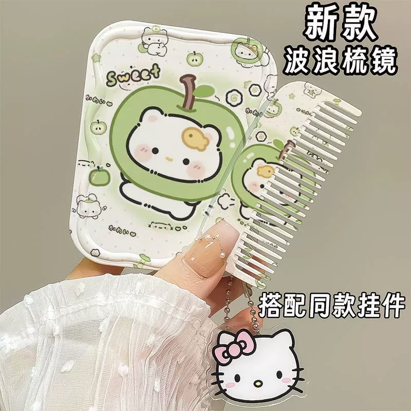 Милое маленькое зеркало для студентов Apple Cat Best Friend, портативное зеркало для макияжа, студенческое портативное складное зеркало, расческа One Two-in-One