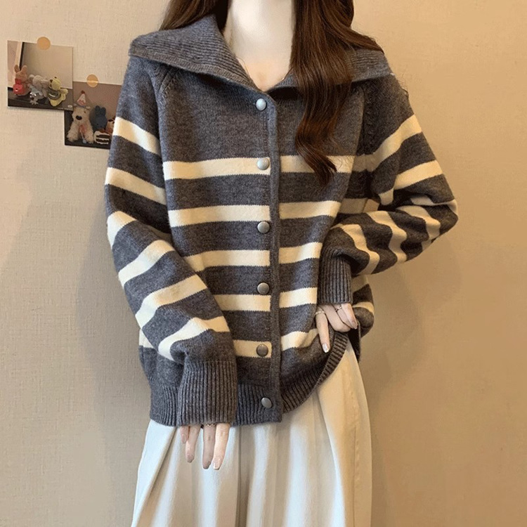 Striped Color-Block Knit Cardigan for Women, Autumn and Winter, Plus Size, Loose Fit, Slimming, Lazy Style, Turn-Down Collar Top Jacket Striped Color-Block Knit Cardigan for Women, Autumn and Winter, Plus Size, Loose Fit, Slimming, Lazy Style, Turn-Down Collar Top Jacket