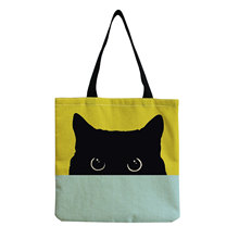 新品热款拼色猫咪棉麻购物袋 卡通黑猫女包 可重复使用单肩手提包