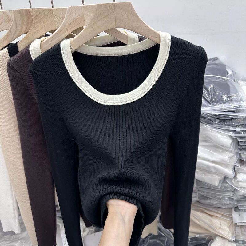 Plus-Size Women's Low-Neck Long-Sleeve Top with Unique Design, Trendy Autumn and Winter Base Layer for a Pure and Alluring Look
