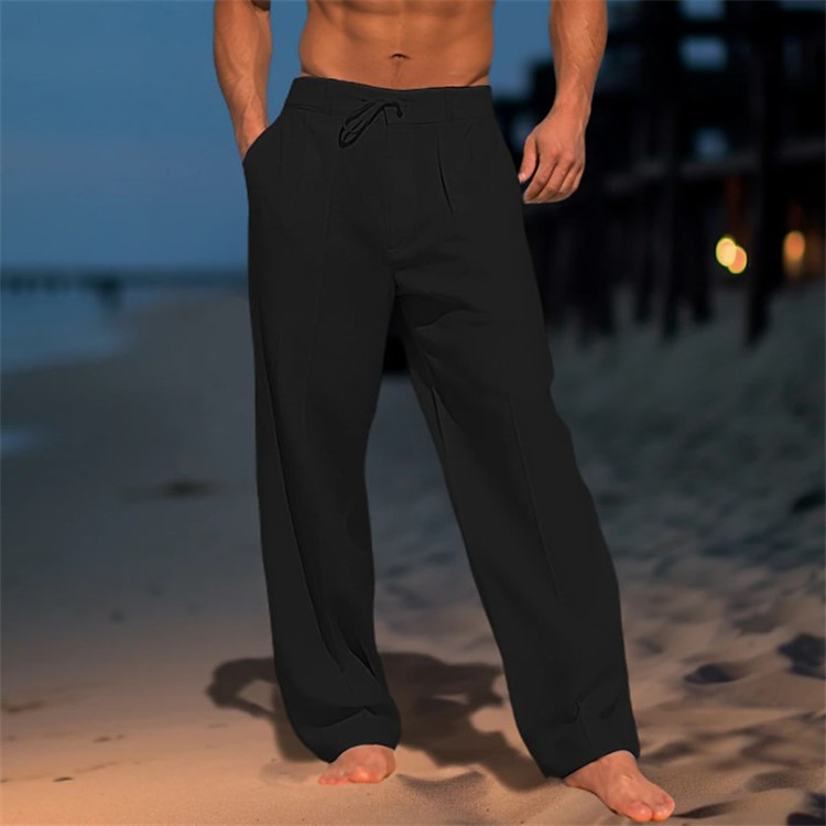 Pantaloni da spiaggia estivi in lino da uomo, tasca frontale, tinta unita, comodi, traspiranti, casual, stile basic per le vacanze quotidiane_voghion.com