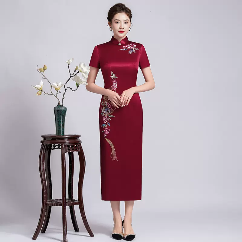 喜婆婆婚宴礼服新款妈妈装 旗袍女新中式醋酸缎刺绣长款旗袍春季