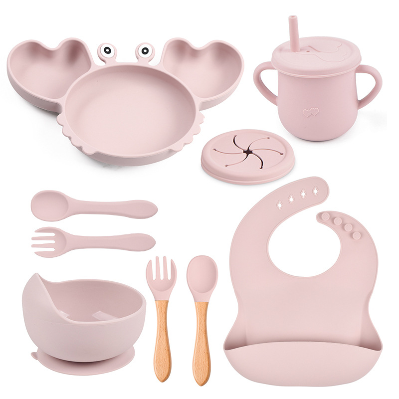Set de vajilla para bebé de silicona de 9 piezas - Plato con forma de cangrejo, babero, plato dividido, cuchara, tenedor, taza