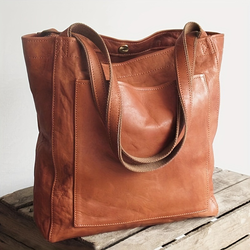 TEMU Vintage Oiled Leather Large Capacity Handbag Shoulder Bag Women's Leather Tote Bag - Thumbnail 2