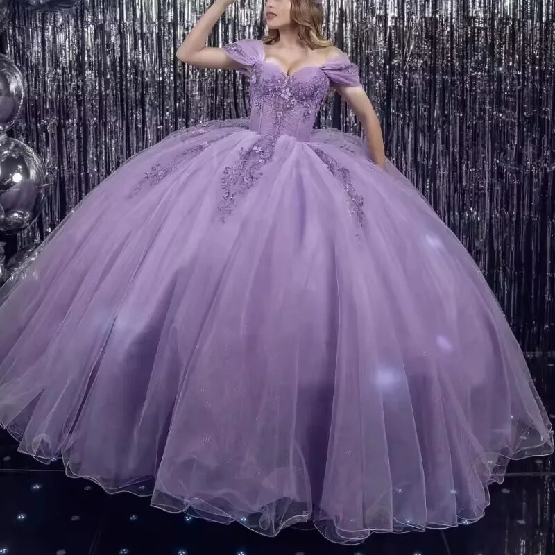 Sparkling Lavender Quinceañera Dress with Floral Beading, Lace, and Off-The-Shoulder Design for Birthday Parties Sparkling Lavender Quinceañera Dress with Floral Beading, Lace, and Off-The-Shoulder Design for Birthday Parties