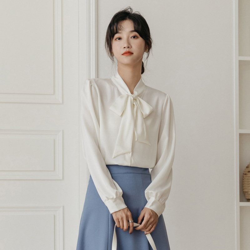Bow Chiffon White Shirt Women's Long-sleeved Autumn New Hong Kong-style Retro Stand Collar Loose Slimming Puff Sleeve Shirt