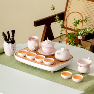 Ceramic Kung Fu Tea Set for Women, Pink Teapot, Household Complete Set of Covered Bowl Tea Tray, Light Luxury Tea Cup Set