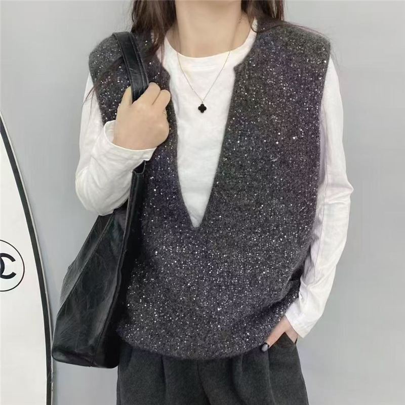 V领亮片马甲背心大码女装胖mm2025春秋宽松显瘦叠穿坎肩马夹上衣