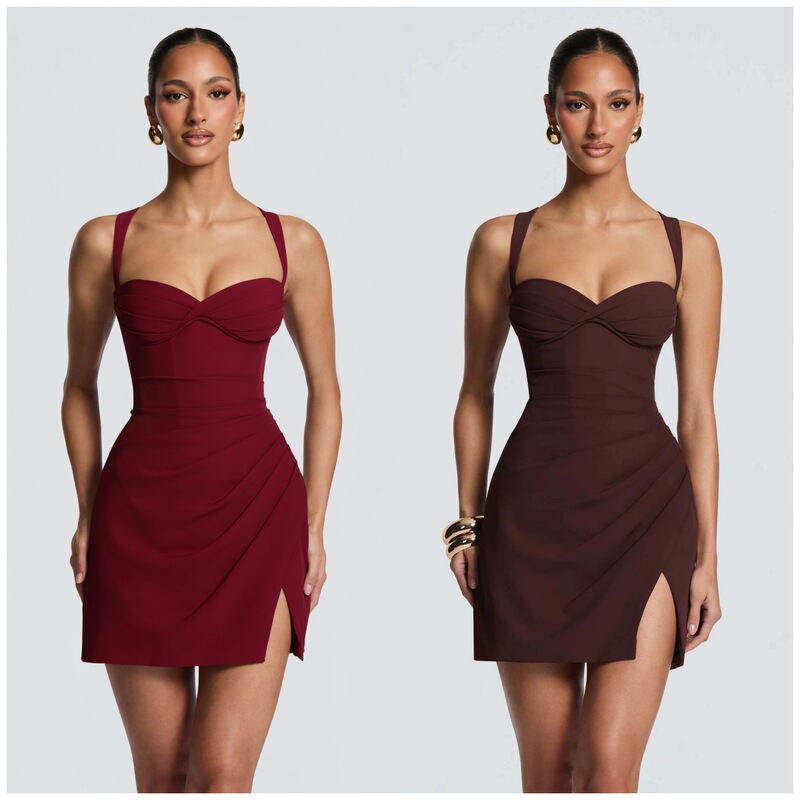 2026 European and American Cross-Border Sexy Slim-Fit Dress with Straps, Short Dress with Tie-Up Waist, Slit, and Bodycon Skirt Dress