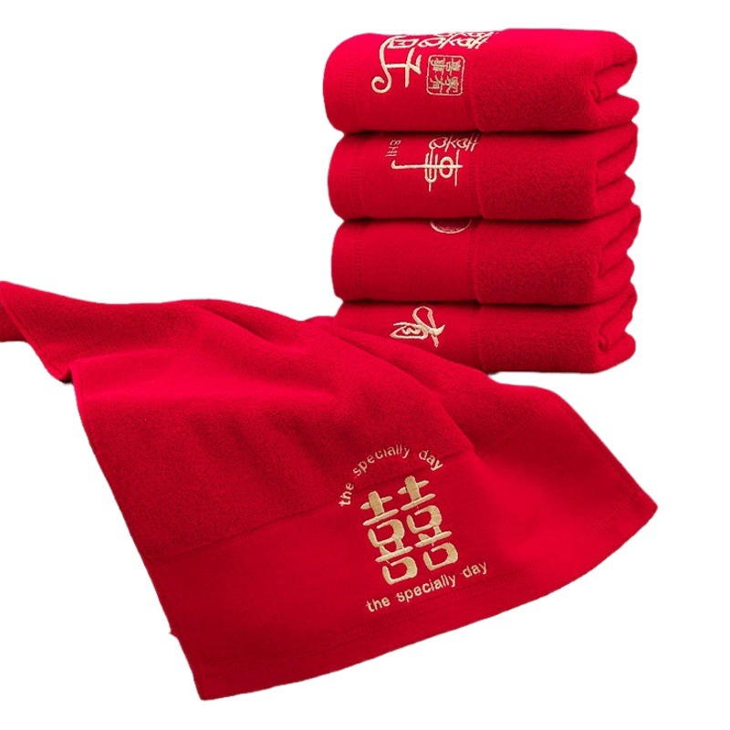 Красное Свадебное Полотенце с вышивкой Happy Word Хлопковое полотенце Свадебный возврат Подарочная коробка Сопровождающий подарок Утолщенный подарок Привет полотенце